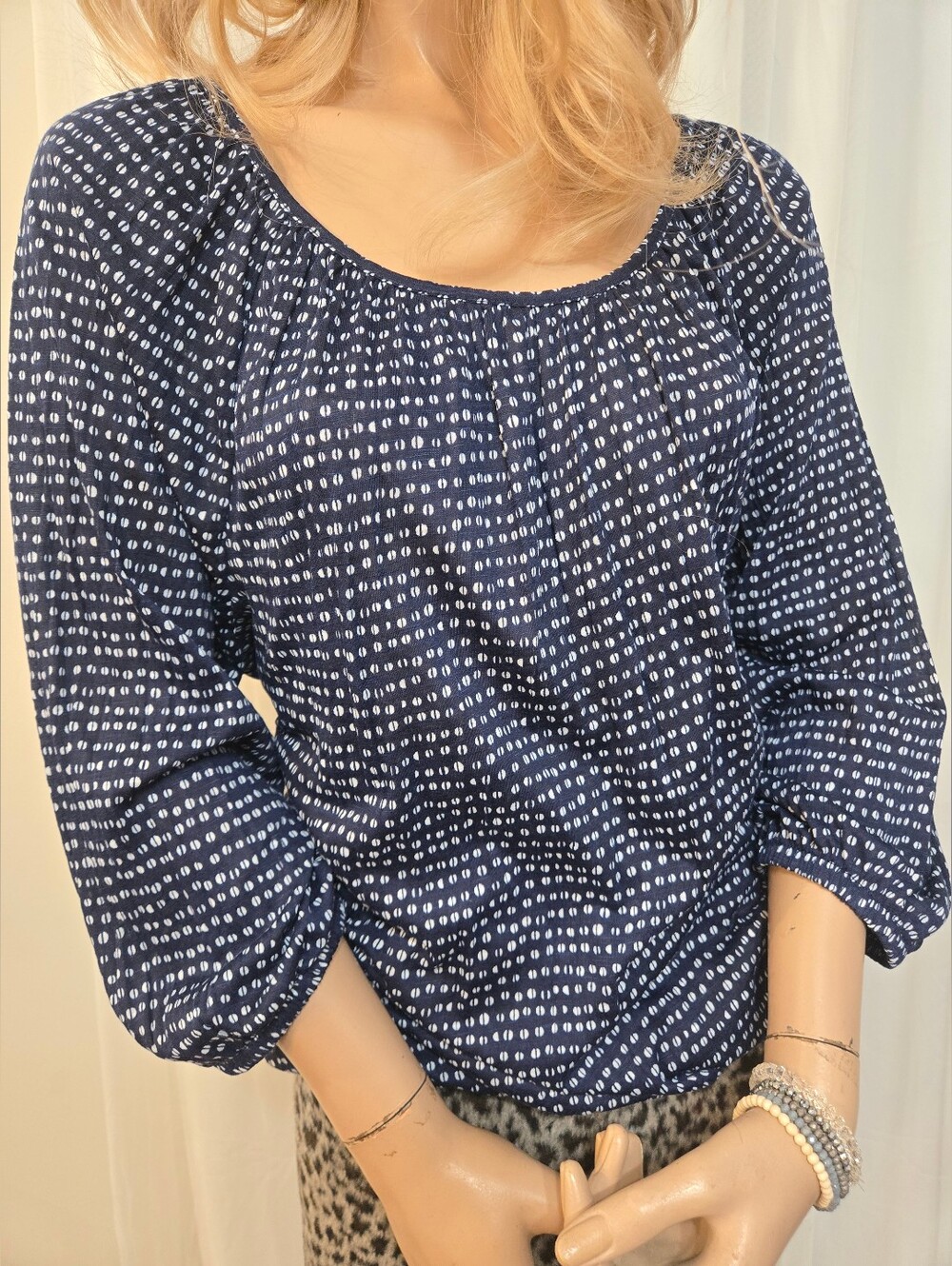Faded Glory Navy and White Printed Peasant Top